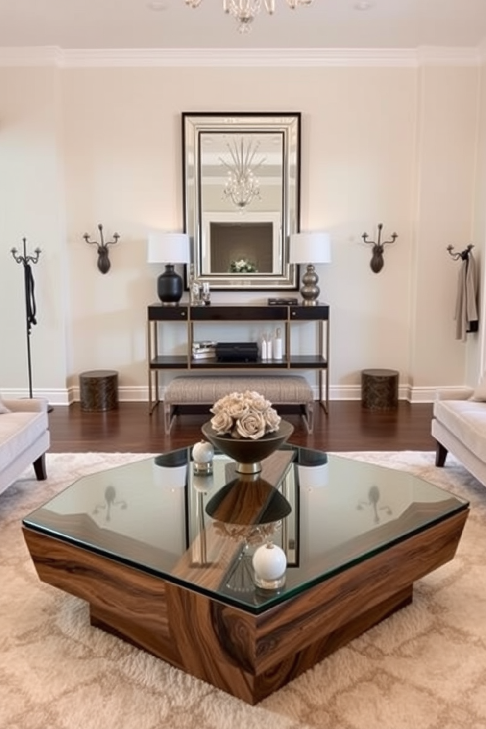 A unique coffee table design features an asymmetrical shape with a combination of glass and wood materials. The table is adorned with a stylish centerpiece and surrounded by plush seating that enhances the overall aesthetic of the living room. The entryway design includes a striking console table against the wall with decorative items and a large mirror above it. Flanking the entryway are stylish coat racks and a cozy bench, creating a welcoming atmosphere for guests.