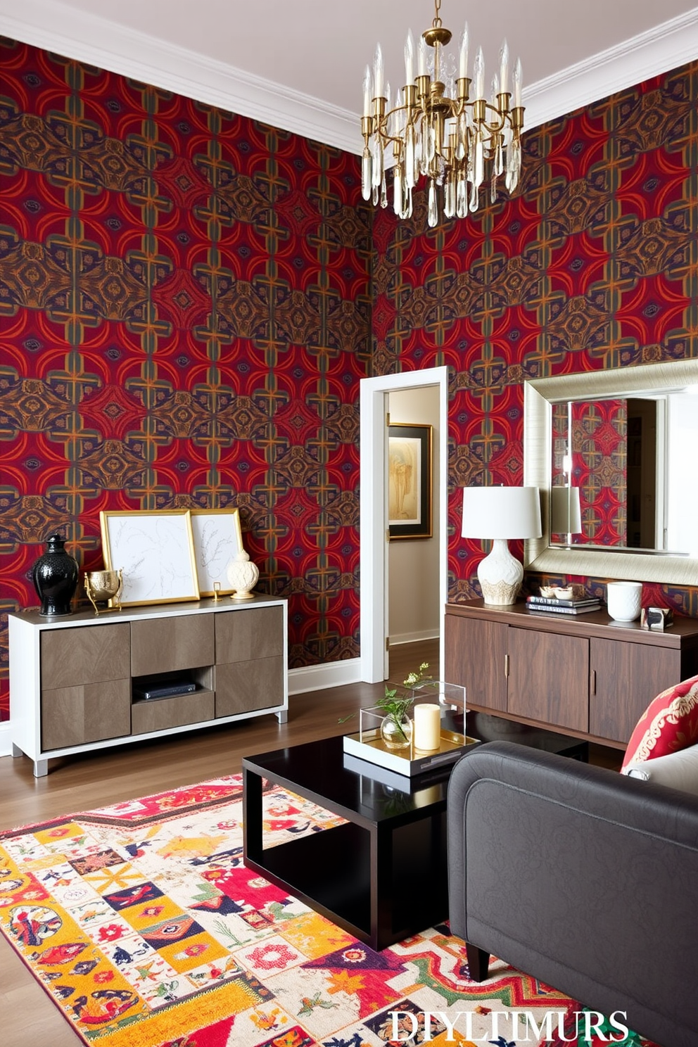 A bold accent wall showcases a vibrant wallpaper design featuring geometric patterns in rich colors. The living room is furnished with a plush sectional sofa and a sleek coffee table, creating an inviting atmosphere. The entryway features a stylish console table adorned with decorative items and a large mirror above it. A colorful area rug anchors the space, while a statement light fixture adds a touch of elegance.