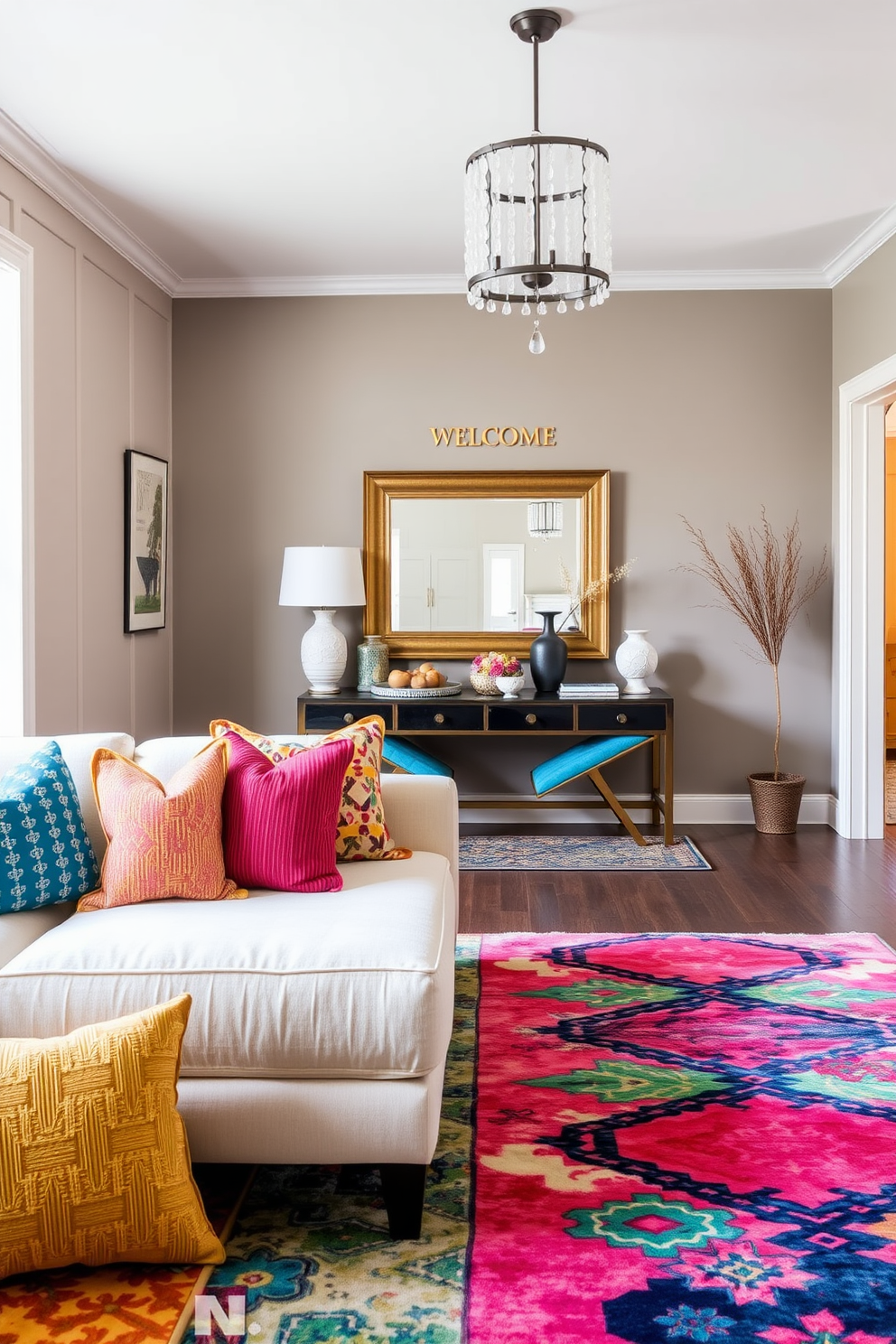 A vibrant living room features a cozy sofa adorned with colorful throw pillows in various patterns and textures. The walls are painted in a soft neutral shade, allowing the pillows to stand out as a focal point in the space. The entryway is designed with a stylish console table topped with decorative items and a large mirror. A welcoming rug in bold colors anchors the space, while a statement light fixture adds a touch of elegance.