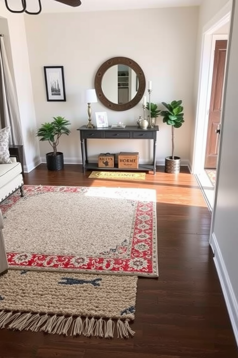 A cozy living room features layered rugs in various textures and colors, creating an inviting atmosphere. The base rug is a soft neutral tone, while a vibrant patterned rug sits on top, adding depth and interest to the space. The entryway showcases a stylish design with a console table against the wall, adorned with decorative items and a mirror above. A welcoming doormat and a couple of potted plants flank the entrance, enhancing the overall aesthetic.