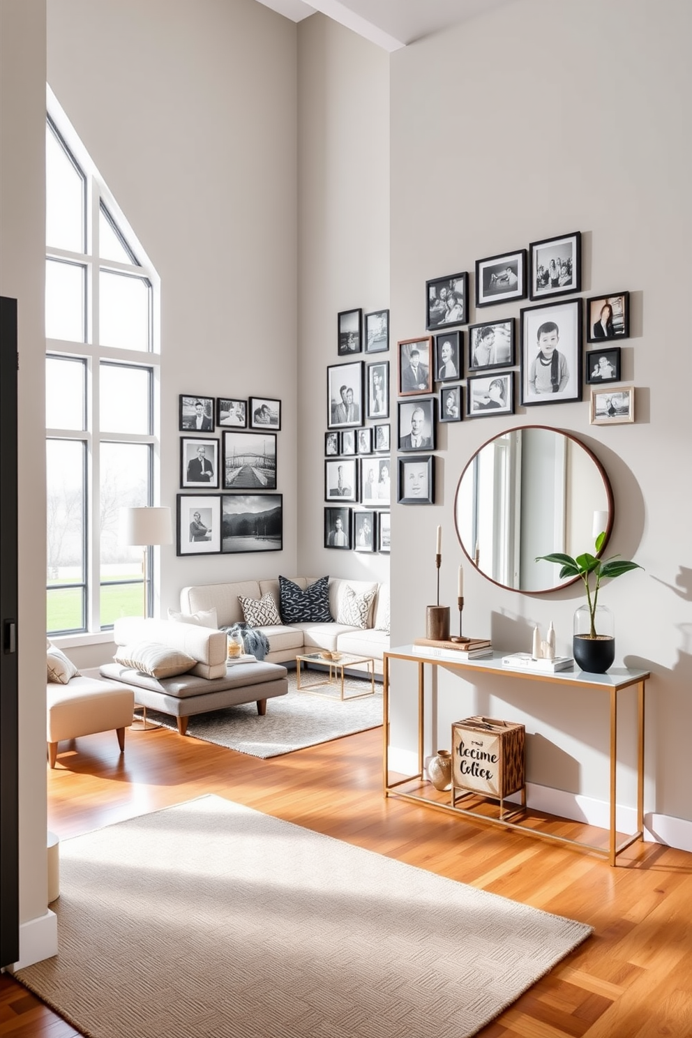 A gallery wall adorned with an eclectic mix of family photos in various frames creates a personal touch. The arrangement features both black and white and colorful images, providing a vibrant contrast against the soft gray wall. The living room design showcases a cozy seating area with a plush sectional sofa and a stylish coffee table. Large windows allow natural light to flood the space, highlighting the warm wood tones and inviting decor. The entryway features a sleek console table topped with decorative items and a large round mirror. A welcoming rug in neutral tones anchors the space, while a potted plant adds a touch of greenery.