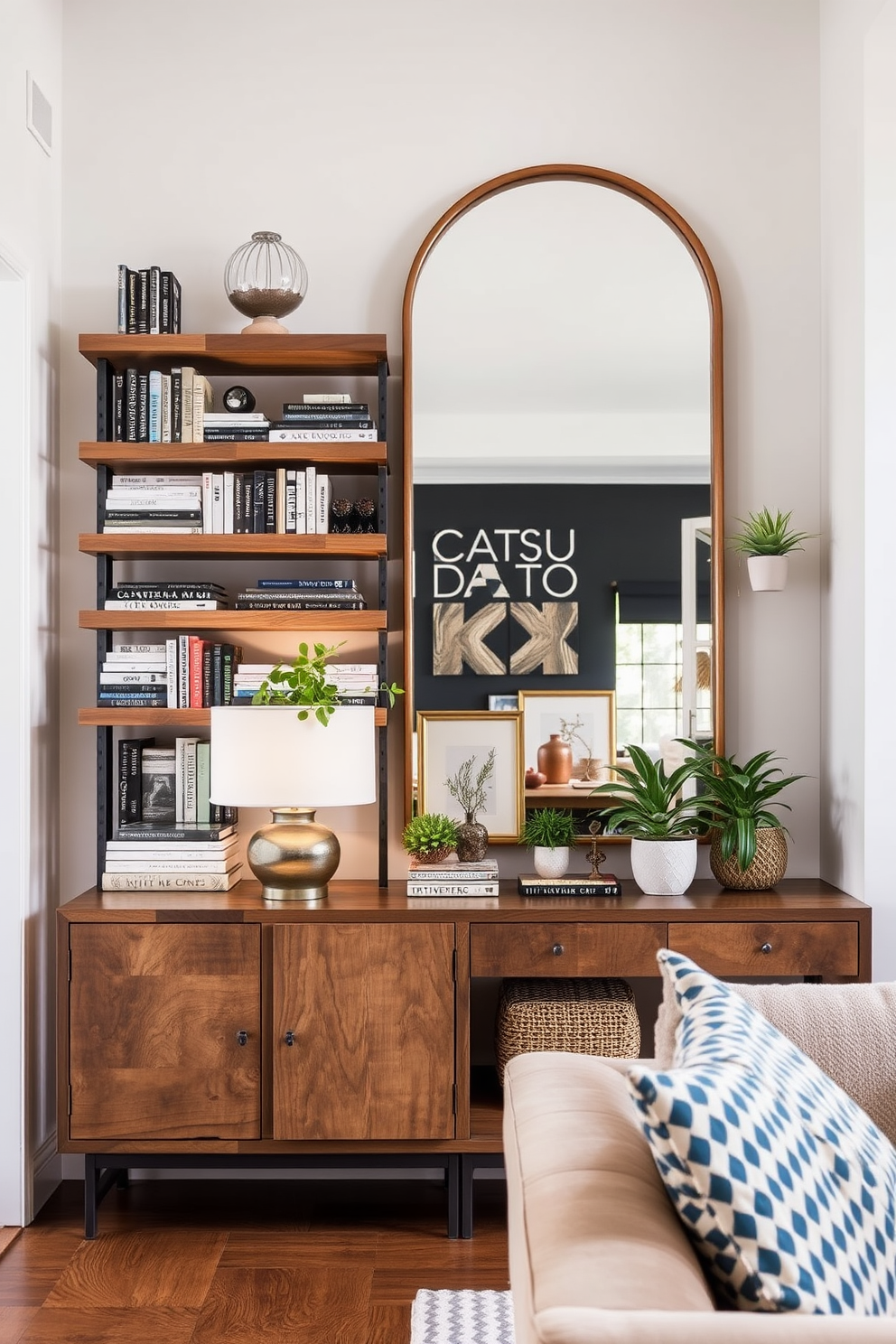 Open shelving for books and decor. The shelves are made of reclaimed wood and are filled with a curated selection of books, plants, and decorative objects that add personality to the space. Living Room Entryway Design Ideas. The entryway features a stylish console table adorned with a statement lamp and a large mirror above, creating an inviting atmosphere as you enter the living room.