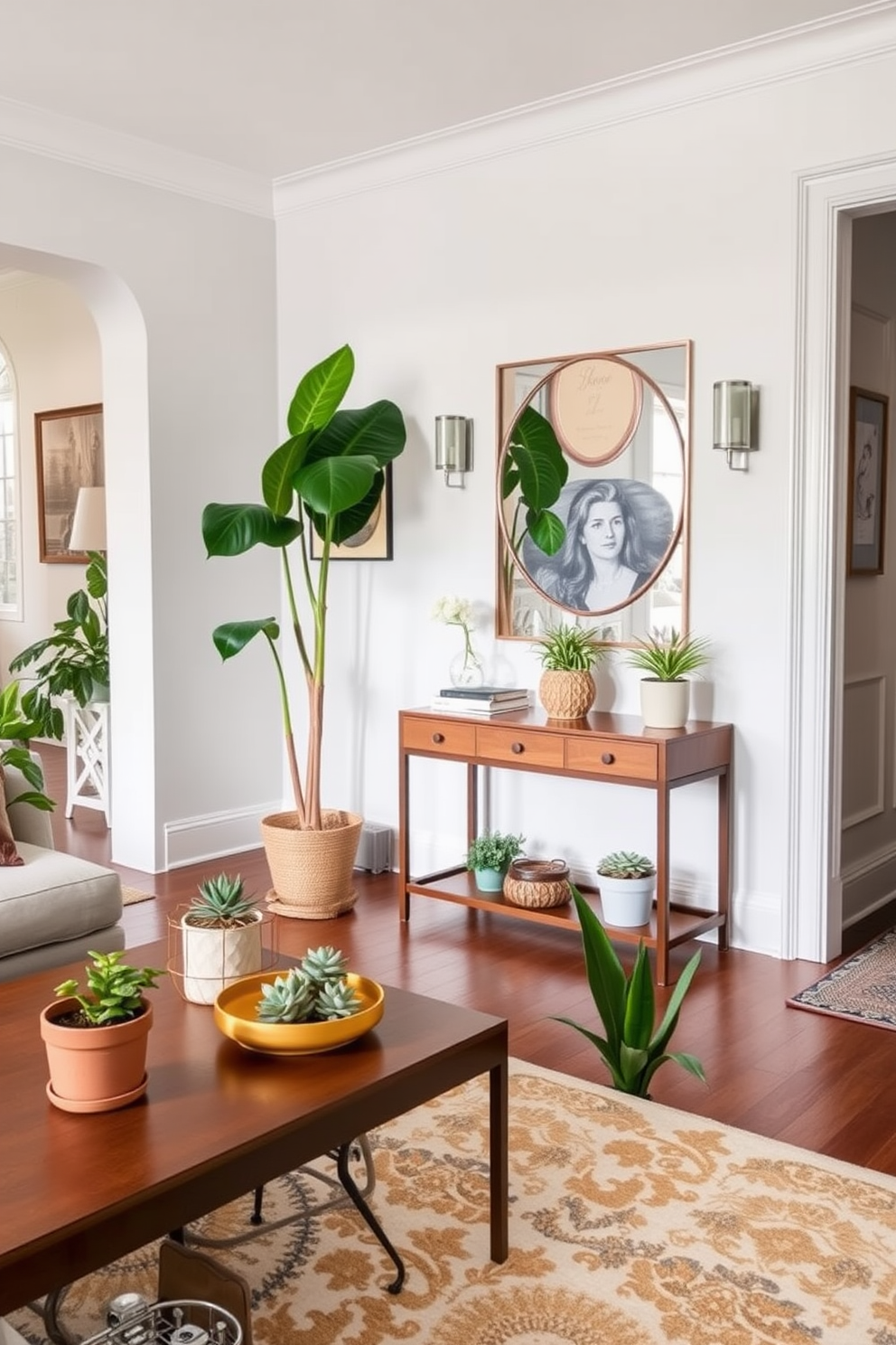 A stylish living room entryway features mirrored furniture that reflects natural light, creating an inviting and airy atmosphere. The space includes a sleek mirrored console table adorned with a decorative lamp and a vibrant piece of art above it. Soft neutral tones dominate the walls, while a plush area rug anchors the seating area. Large windows allow sunlight to flood in, enhancing the overall brightness of the room.