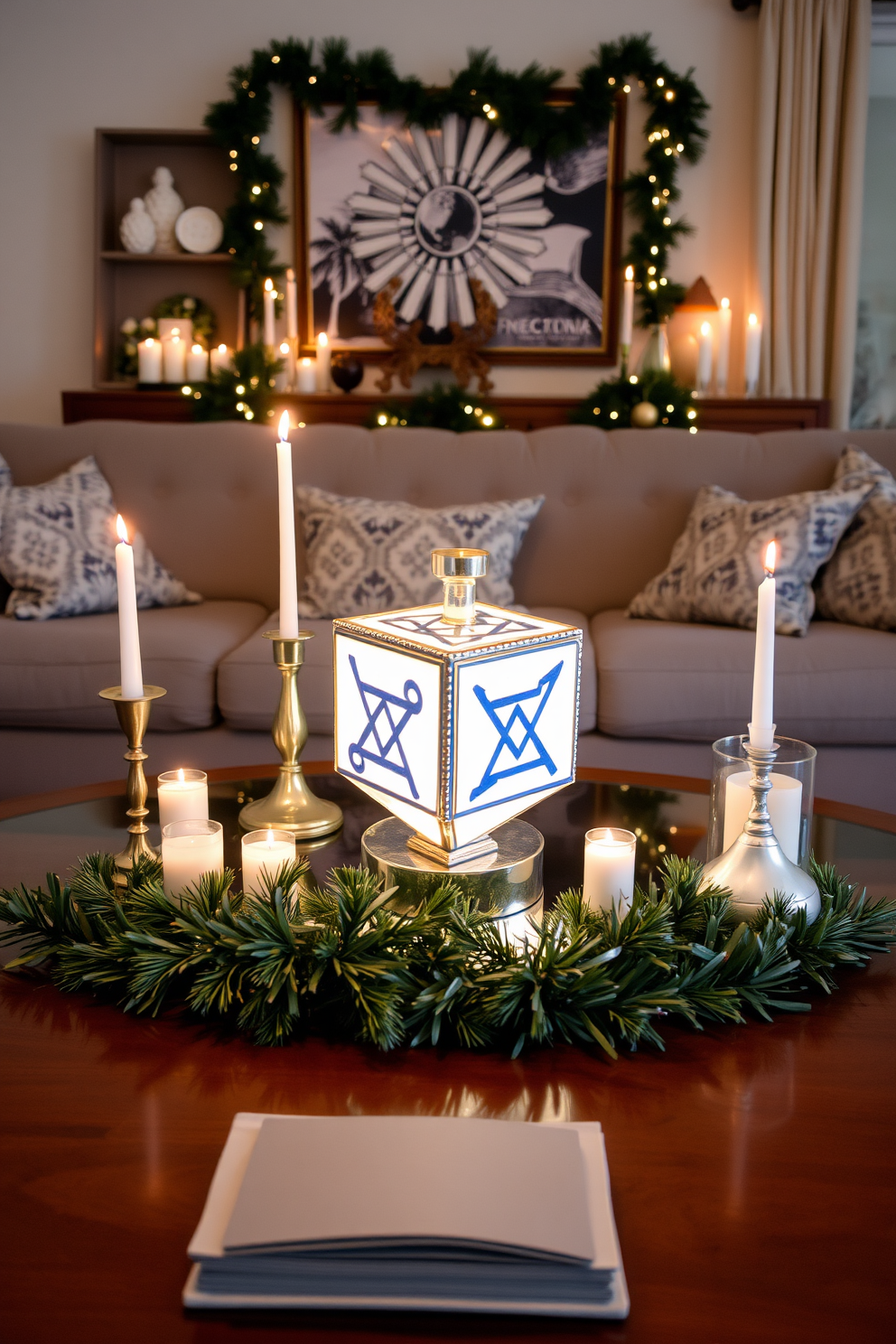 A beautifully arranged coffee table features a stunning dreidel centerpiece. The table is adorned with festive decorations, including candles and garlands, to create a warm Hanukkah atmosphere in the living room.