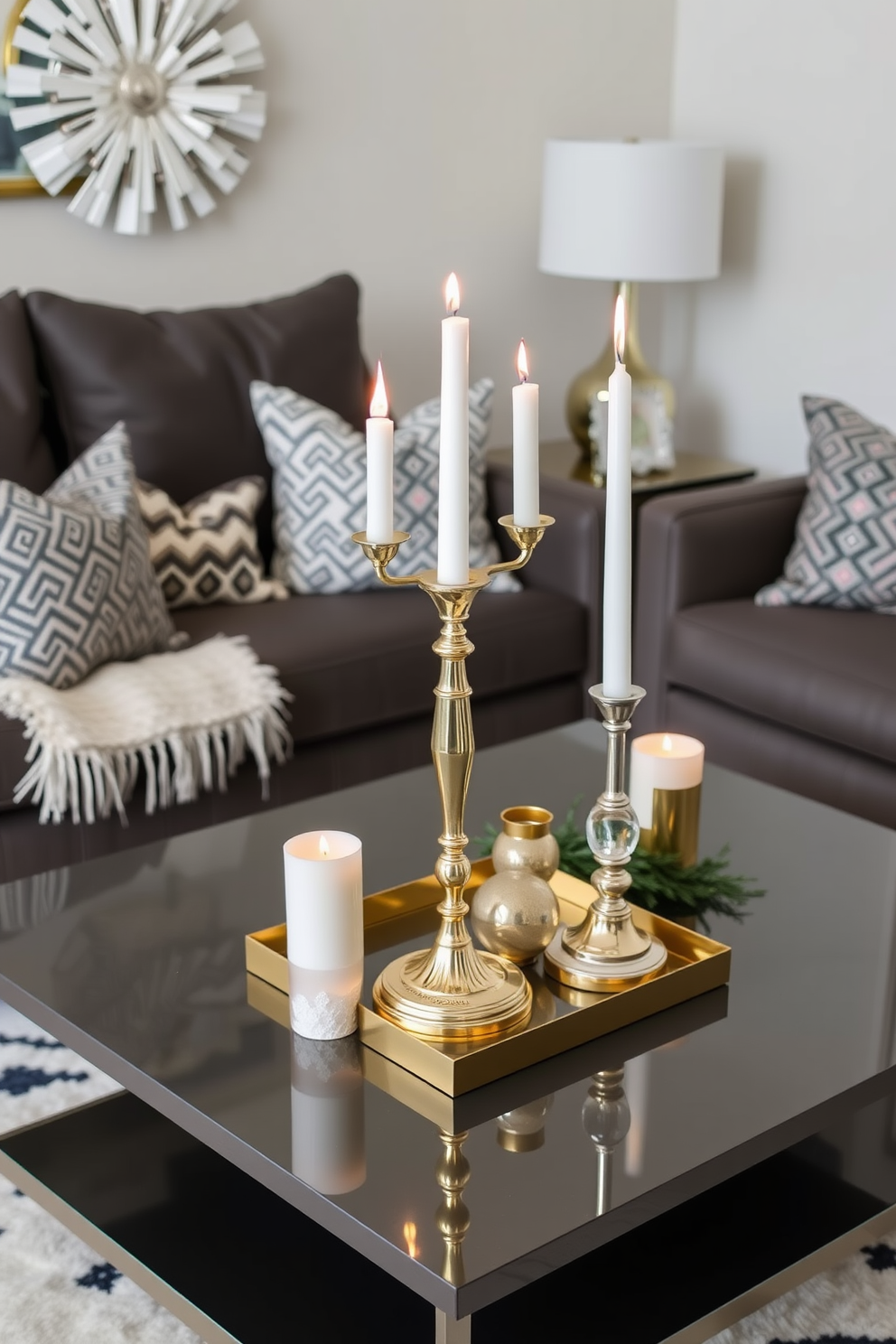 A stylish living room setting adorned for Hanukkah. The arrangement features elegant gold and silver candle holders on a sleek coffee table, surrounded by cozy cushions and festive decor.