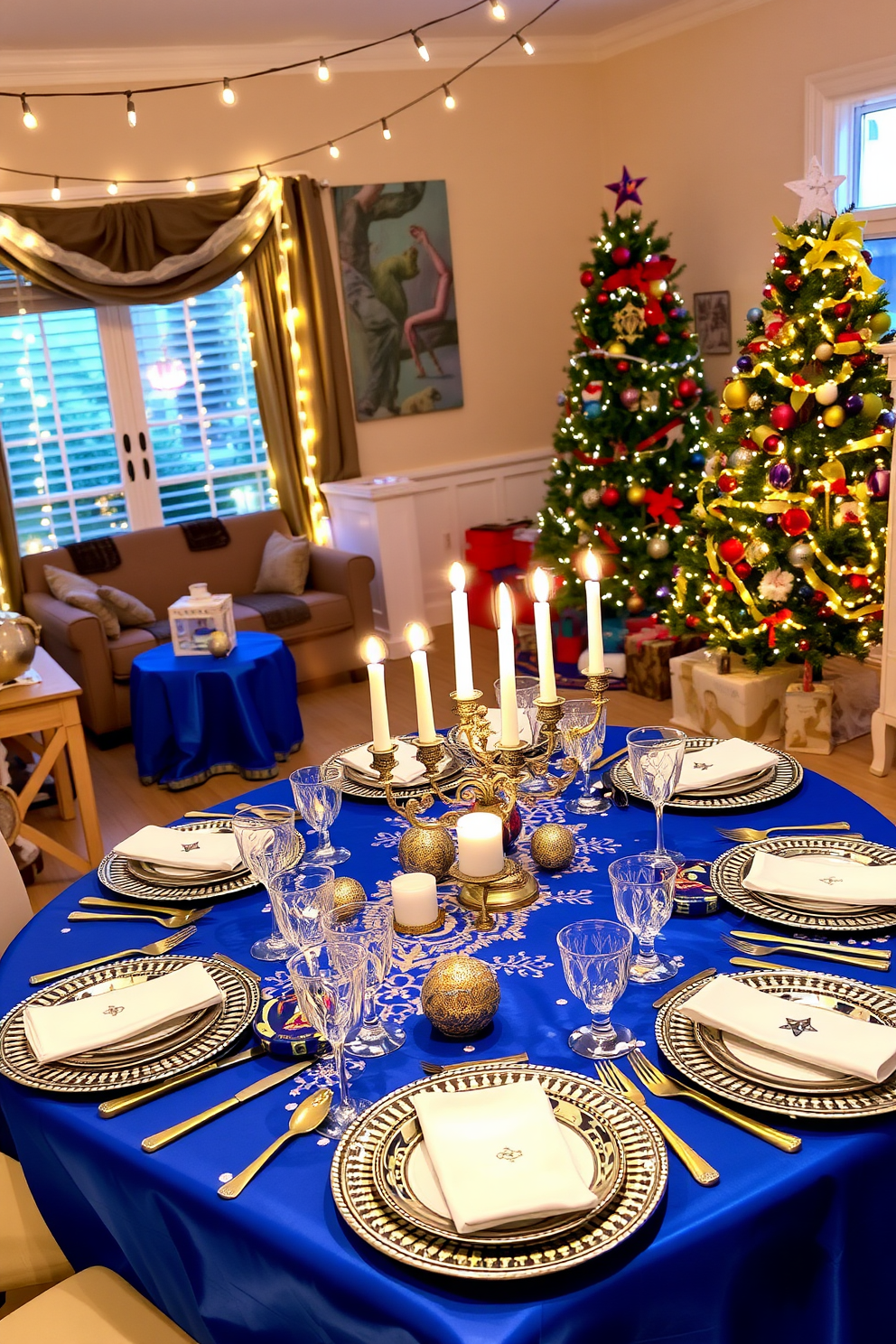 A colorful Hanukkah themed table setting features a vibrant blue tablecloth adorned with silver and gold accents. The table is set with elegant dinnerware, sparkling glassware, and decorative menorahs, creating a festive atmosphere. For living room Hanukkah decorating ideas, the space is filled with warm lighting from string lights and candles. A beautifully decorated Christmas tree stands in one corner, surrounded by colorful ornaments and wrapped gifts, enhancing the holiday spirit.