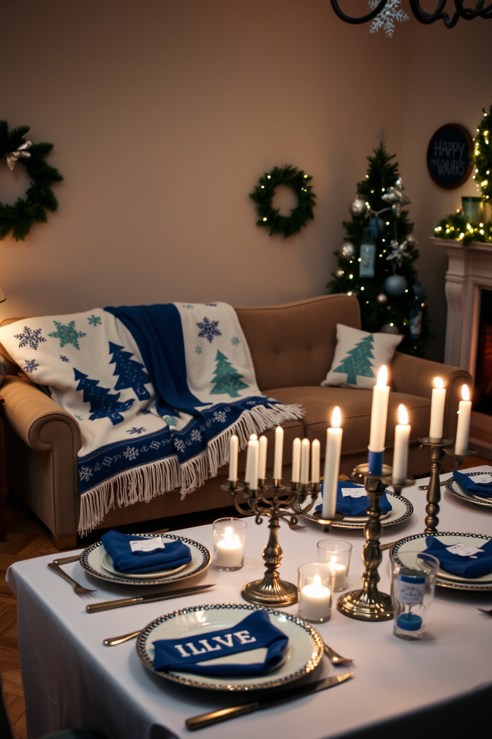 Cozy blankets with winter motifs are draped over a plush sofa in a warmly lit living room. The walls are adorned with festive decorations, creating a welcoming atmosphere for family gatherings during the holiday season. For Hanukkah decorating ideas, a beautifully set table features blue and silver accents, including a menorah at the center. Soft candlelight flickers, reflecting off elegant dinnerware and adding a magical touch to the celebration.