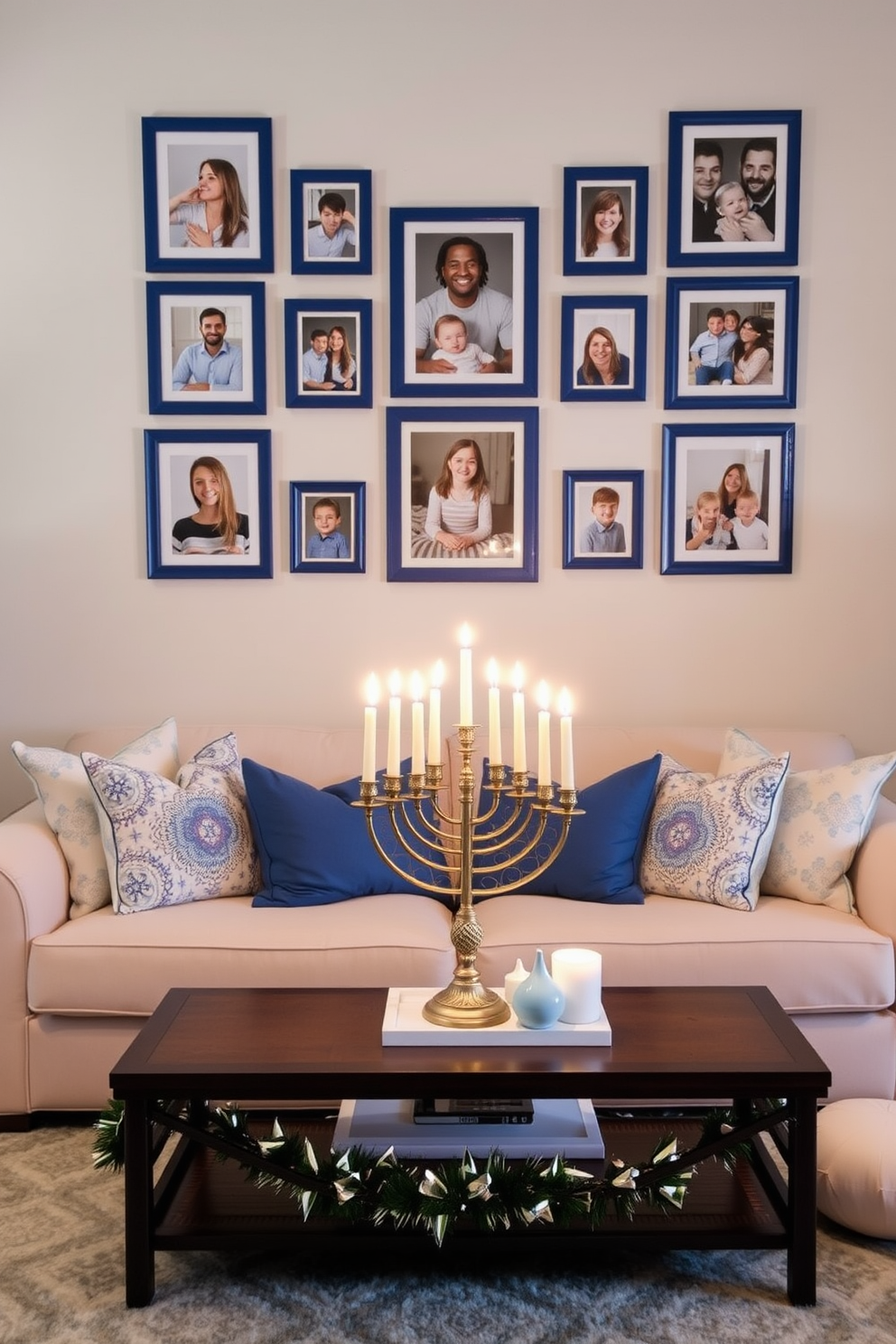 A cozy living room adorned with framed family photos in blue frames. The photos are arranged in a gallery wall above a plush sofa, creating a warm and inviting atmosphere. Festive Hanukkah decorations accentuate the space, featuring a beautifully lit menorah on the coffee table. Soft blue and white accents throughout the room enhance the celebratory vibe.