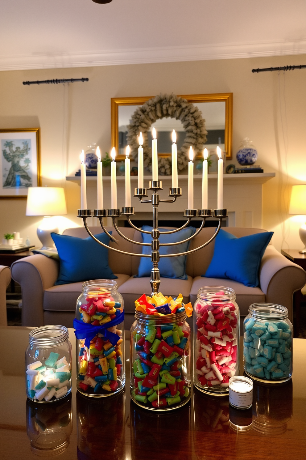 A cozy living room adorned for Hanukkah features a beautifully arranged display of glass jars filled with colorful gelt candies. The warm glow of menorah candles illuminates the space, creating a festive atmosphere with blue and silver accents throughout the decor.