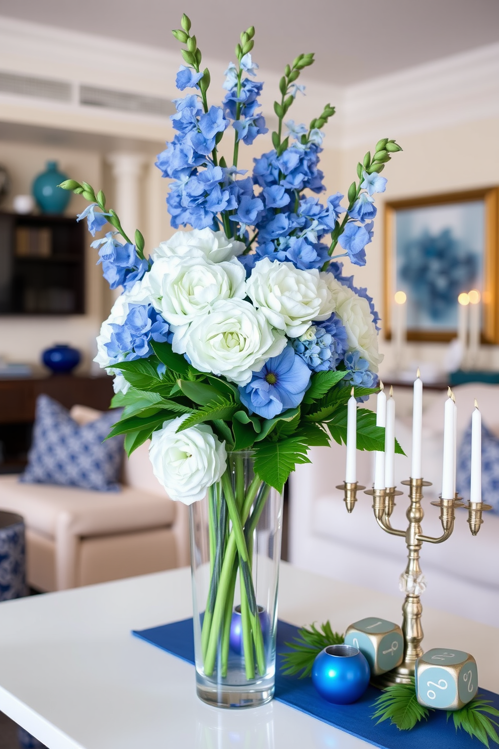 Elegant floral arrangements with blue flowers. The arrangement features a mix of hydrangeas and delphiniums in a sleek glass vase, complemented by lush greenery. Living Room Hanukkah Decorating Ideas. The space is adorned with blue and silver accents, including a beautifully set table with menorah and decorative dreidels, creating a warm and festive atmosphere.