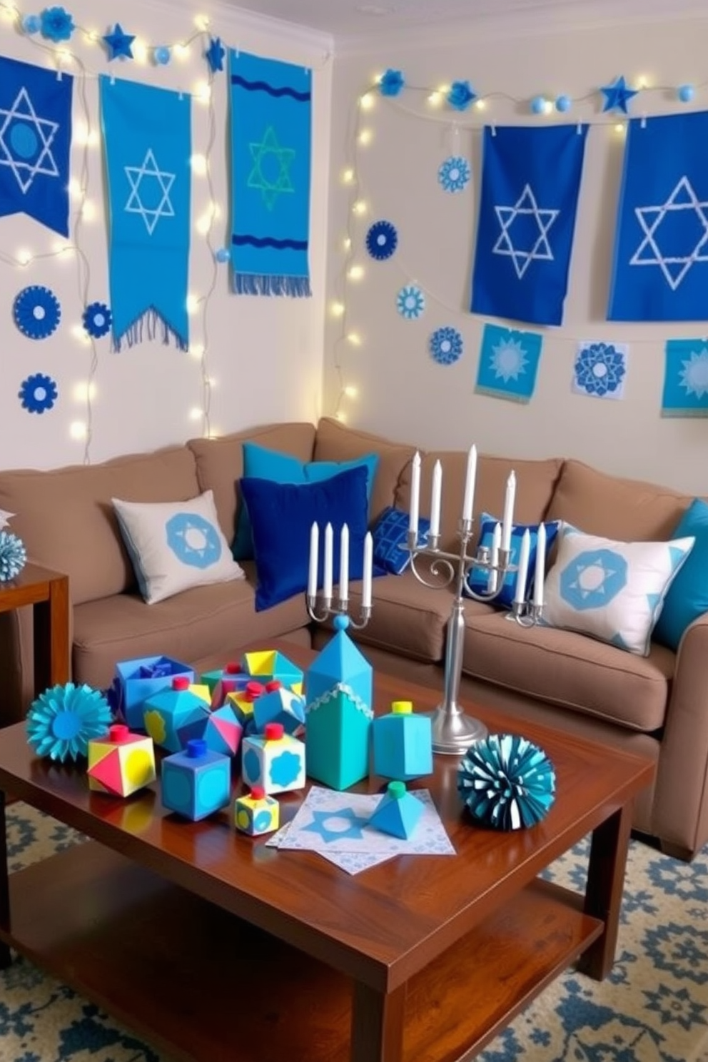 A festive living room setting adorned with various DIY Hanukkah crafts. Colorful paper dreidels and handmade menorahs are arranged on a coffee table, surrounded by vibrant blue and silver decorations. The walls are draped with string lights and blue fabric banners featuring Star of David motifs. A cozy sofa is adorned with cushions in shades of blue and white, creating a warm and inviting atmosphere for celebration.