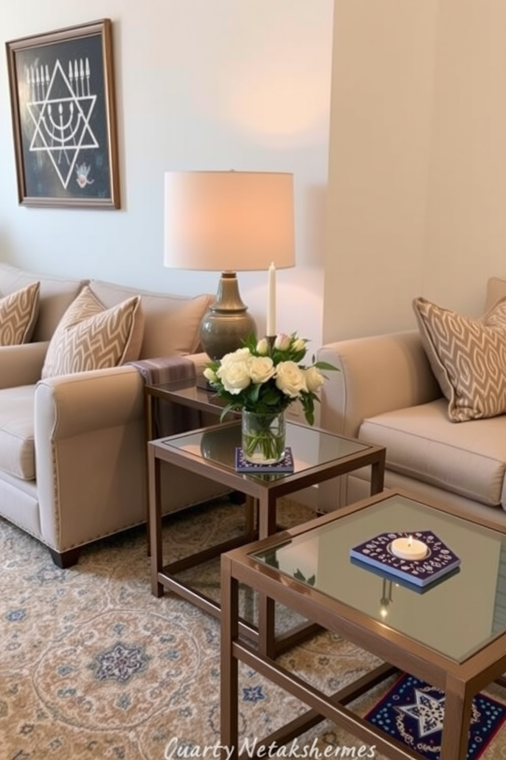 A cozy living room adorned for Hanukkah. The centerpiece is a beautifully set table featuring festive napkin rings in vibrant blue and silver, surrounded by flickering candles and elegant dreidels. Soft blue and white decorations drape across the mantel, complementing the warm glow of string lights. Plush cushions with Star of David patterns are scattered across the sofa, inviting family and friends to gather and celebrate.