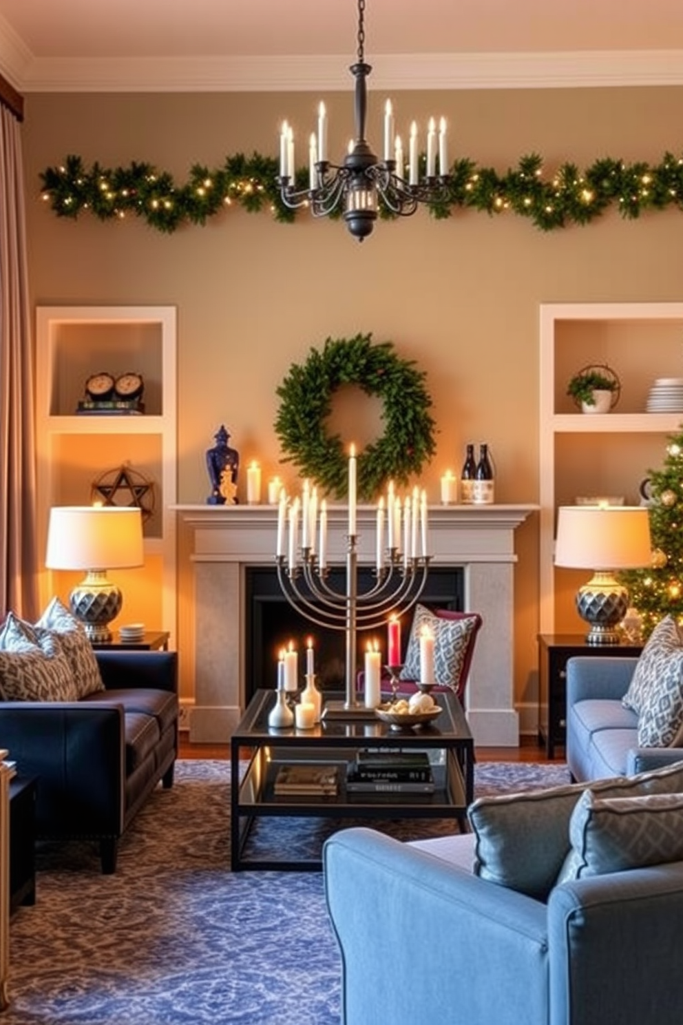 A cozy living room adorned for Hanukkah features a large Star of David as the centerpiece decor. The walls are painted in a warm blue hue, and soft golden lights twinkle around the room, creating a festive atmosphere. A beautifully arranged menorah sits on the coffee table, surrounded by colorful dreidels and festive candles. Plush cushions in shades of blue and silver are scattered across the sofa, inviting family and friends to gather and celebrate.