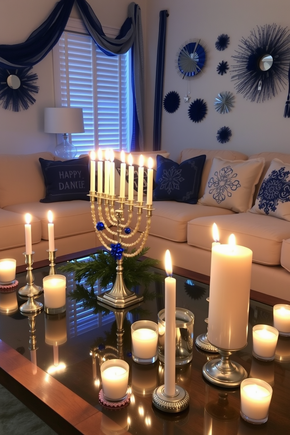 A cozy living room adorned for Hanukkah features a whimsical wreath on the front door, crafted from vibrant blue and silver ornaments. Inside, the space is filled with soft lighting from string lights, creating a warm atmosphere enhanced by a beautifully decorated menorah on the coffee table.