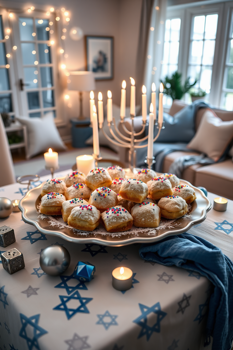 A beautifully arranged serving platter holds traditional sufganiyot, each dusted with powdered sugar and garnished with colorful sprinkles. The platter is centered on a festive tablecloth adorned with Star of David patterns, surrounded by elegant candles and decorative dreidels. The living room is warmly decorated for Hanukkah, featuring a large menorah prominently displayed on the coffee table. Soft blue and silver accents are woven throughout the space, with string lights draped across the windows and a cozy throw blanket on the sofa.