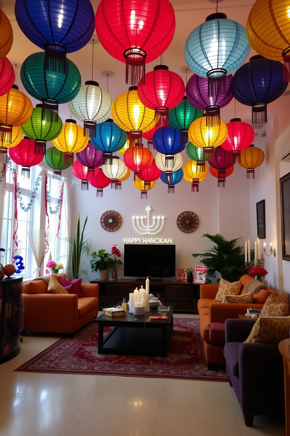 A cozy living room adorned for Hanukkah features a beautifully arranged decorative tray on the coffee table. The tray holds an assortment of festive candles, dreidels, and a small menorah, creating a warm and inviting atmosphere. Soft blue and white accents complement the holiday theme, with plush throw pillows and a knitted blanket draped over the sofa. A glowing string of lights is wrapped around the window, adding a touch of magic to the festive decor.