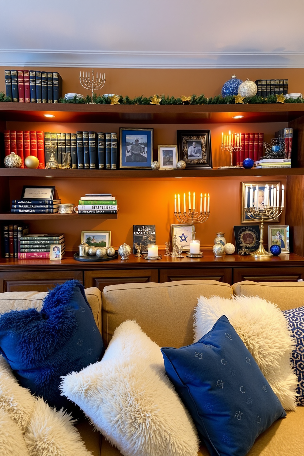 A modern living room adorned for Hanukkah features a sleek metallic coffee table that reflects the warm glow of the candles. The walls are painted in a soft blue hue, complemented by plush white sofas adorned with silver and gold throw pillows. A large menorah sits elegantly on the coffee table, surrounded by shimmering decorative items that enhance the festive atmosphere. String lights with a metallic finish drape gracefully across the windows, adding a touch of sparkle to the cozy space.