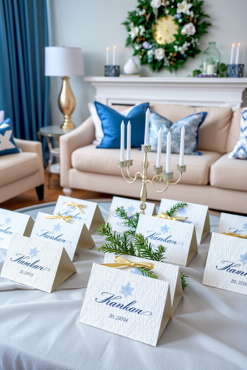 Personalized place cards for guests. Each card features elegant calligraphy on textured cardstock, adorned with a small sprig of evergreen and a gold ribbon. Living Room Hanukkah Decorating Ideas. The space is filled with soft blue and silver accents, including a beautifully draped tablecloth and a menorah as the centerpiece on the coffee table.