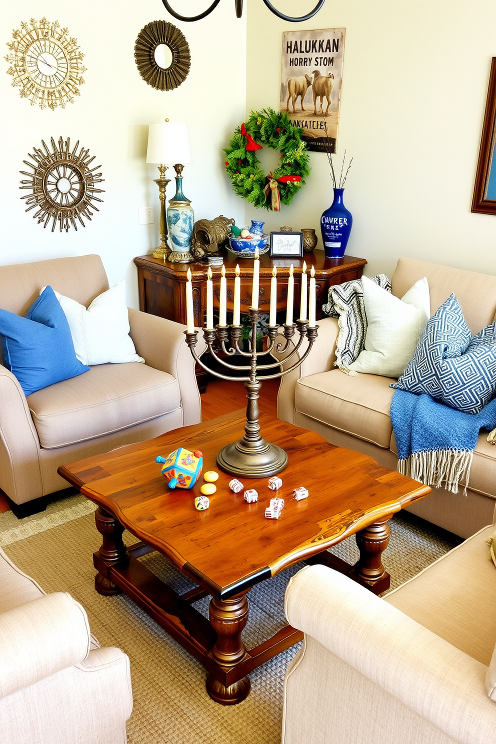 A cozy living room adorned with vintage Hanukkah decorations. The space features an antique wooden menorah placed on a rustic coffee table surrounded by plush armchairs. Colorful dreidels and traditional gelt are scattered across the table, adding a festive touch. Soft blue and silver accents are incorporated through throw pillows and a woven blanket draped over the sofa.