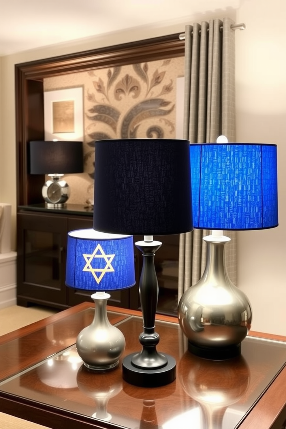 A cozy living room adorned with festive decorations for Hanukkah. A beautifully arranged bookshelf showcases a collection of holiday-themed books, with blue and silver accents throughout the space.