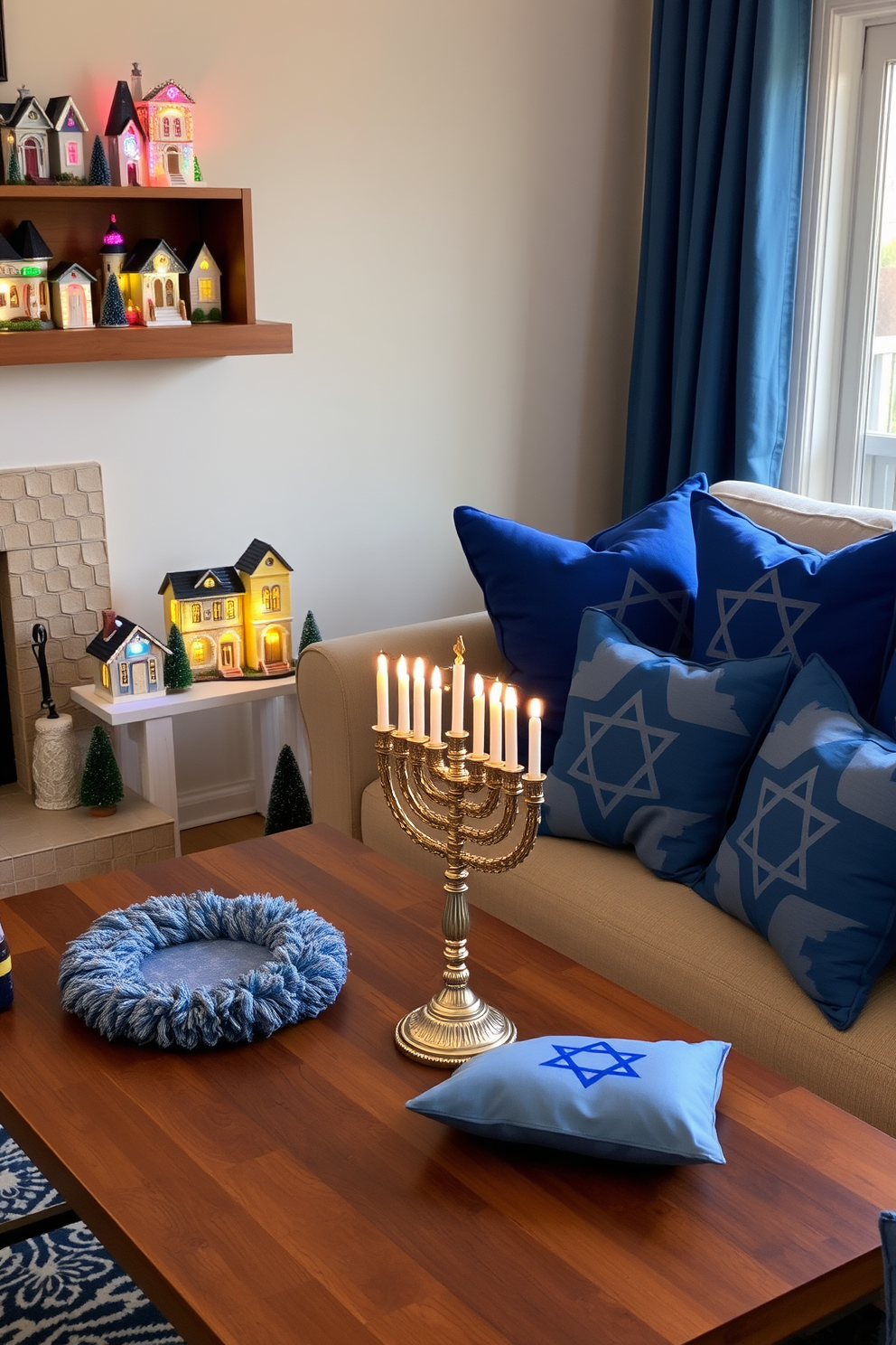 Create a cozy DIY photo booth area in your living room adorned with festive Hanukkah decorations. Hang a backdrop of shimmering blue and silver fabric, and scatter twinkling fairy lights around the space for a warm glow. Include a table displaying traditional Hanukkah items like menorahs and dreidels, complemented by a selection of themed props such as blue and white hats and oversized gelt. Arrange comfortable seating nearby with plush cushions to encourage guests to gather and capture joyful memories.