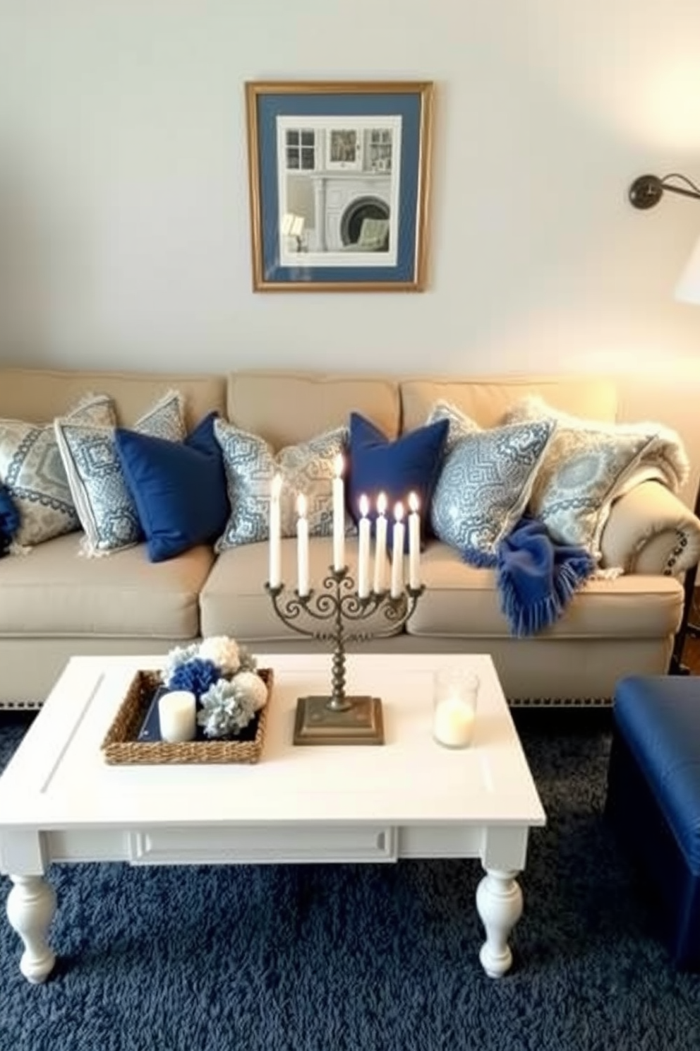 A cozy living room adorned for Hanukkah features a plush sofa draped with a soft blue throw blanket. The coffee table is topped with a decorative menorah surrounded by shimmering sequins and candles, creating a warm and inviting atmosphere. The walls are adorned with festive blue and silver decorations, including star of David ornaments that add a touch of sparkle. A beautifully wrapped gift sits beneath the elegantly decorated Christmas tree, completing the joyful holiday ambiance.