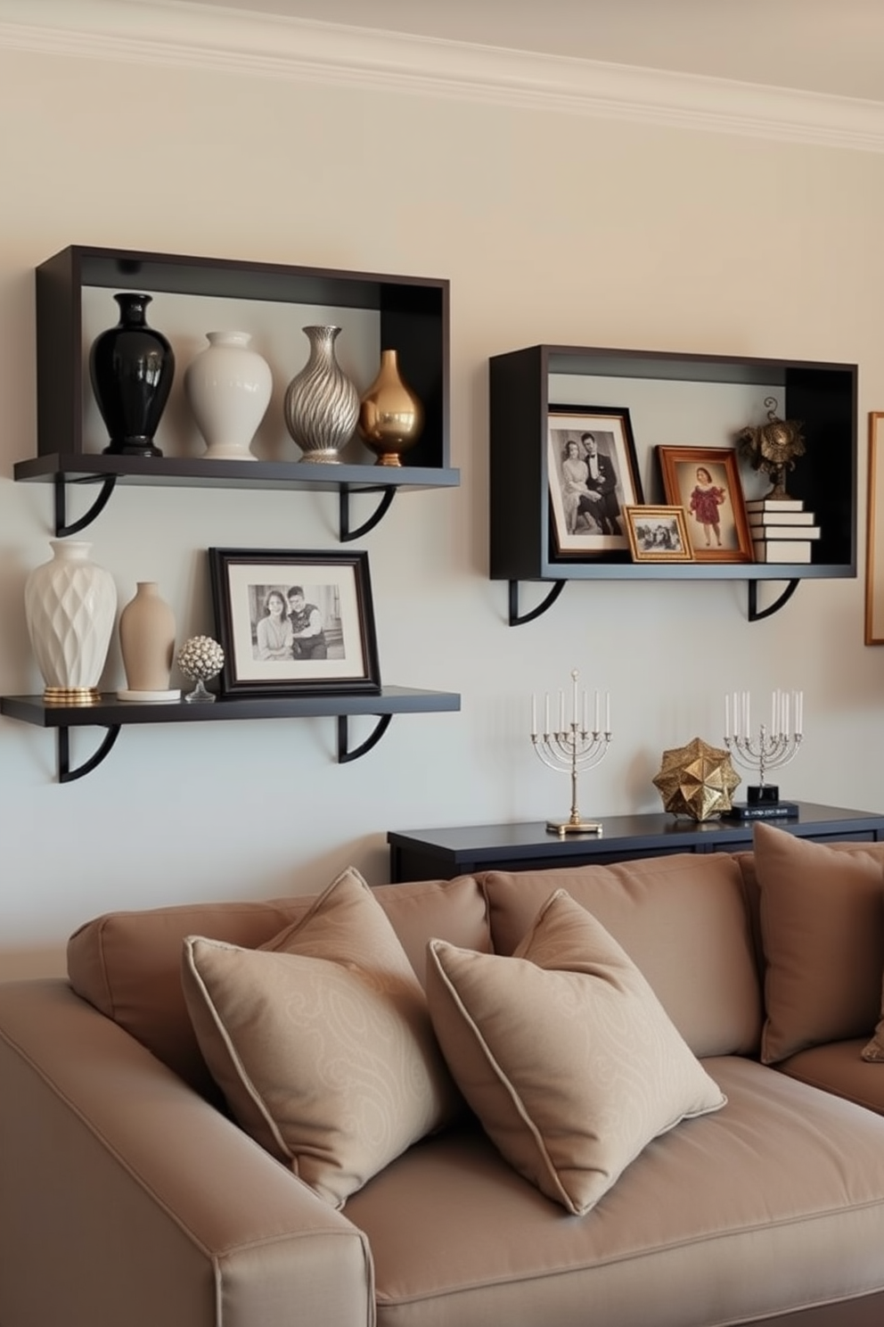 A stylish living room featuring wall-mounted shelves adorned with decorative items. The shelves showcase a mix of elegant vases, framed photographs, and festive Hanukkah decorations, creating a warm and inviting atmosphere.