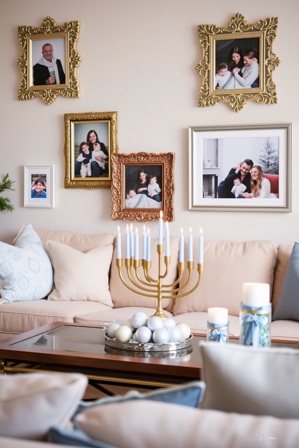 Create a festive mantle display adorned with blue and silver decorations reflecting the spirit of Hanukkah. Include a beautiful menorah at the center, flanked by decorative dreidels and string lights for a warm glow.