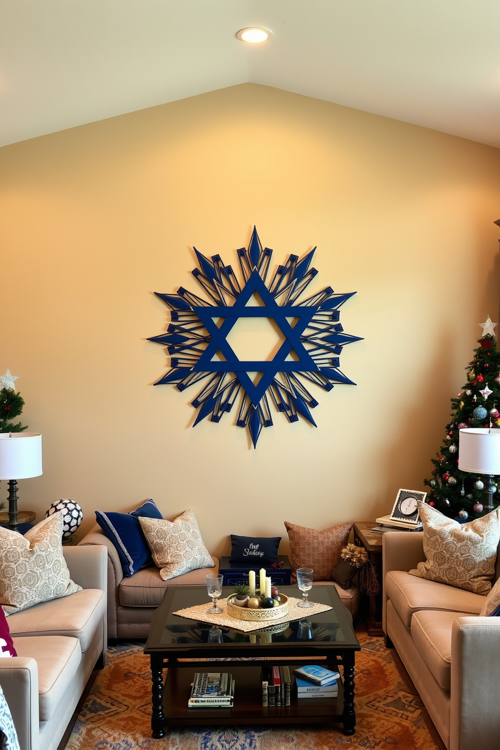 A cozy living room adorned with a stunning Star of David wall art display that serves as the focal point of the space. The walls are painted in a warm beige tone, complemented by plush furnishings and festive Hanukkah decorations scattered throughout the room.