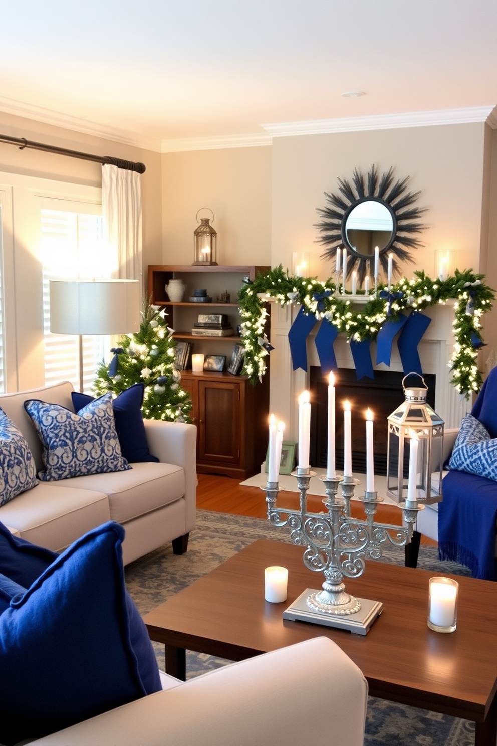 A cozy living room adorned for Hanukkah features creative lighting with flickering candles and elegant lanterns casting a warm glow. The space is decorated with blue and silver accents, including a beautifully arranged menorah on the coffee table and festive garlands draped across the mantel.