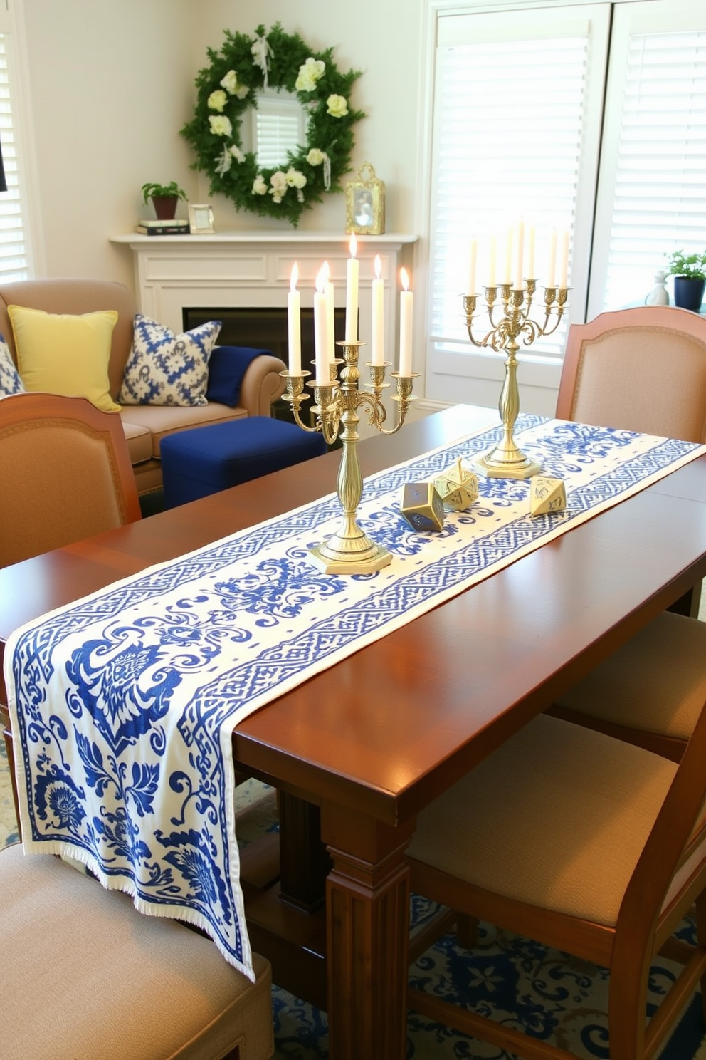 A festive living room decorated for Hanukkah features a beautiful table runner adorned with traditional blue and white patterns. The table is set with elegant menorahs and decorative dreidels, creating a warm and inviting atmosphere for family gatherings.