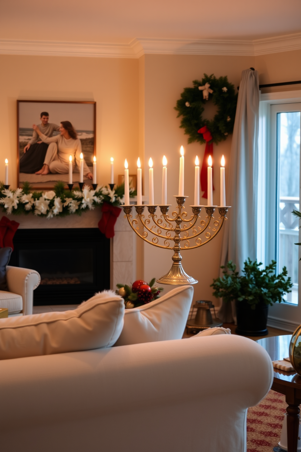 A beautifully arranged living room features a decorative menorah prominently displayed on the mantelpiece. The warm glow of the menorah's candles adds a festive touch to the room, complemented by soft, cozy furnishings and holiday-themed accents.