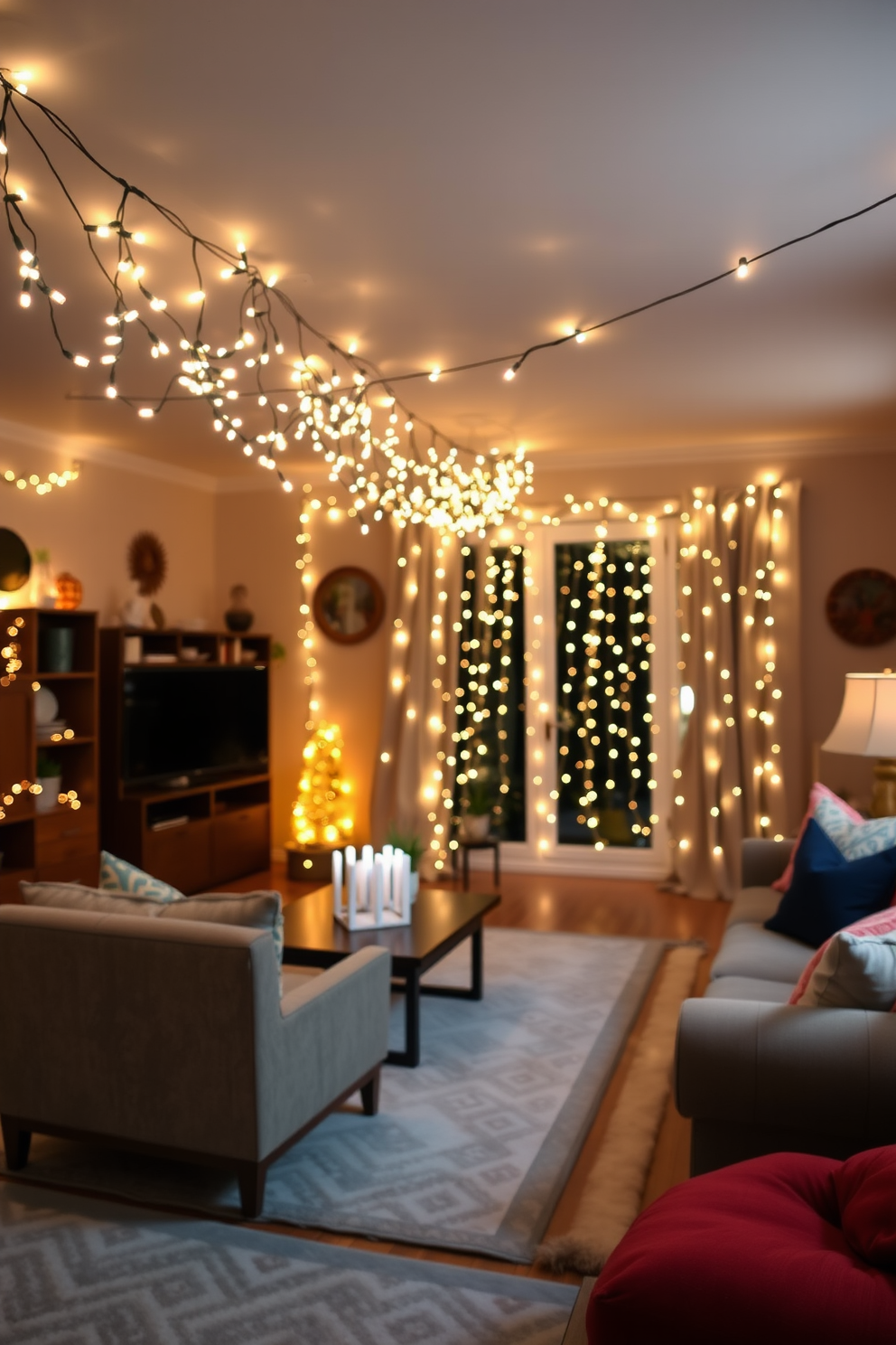 A cozy living room adorned with string lights that create a warm and inviting ambiance. The soft glow of the lights enhances the festive atmosphere, perfect for celebrating Hanukkah with family and friends.