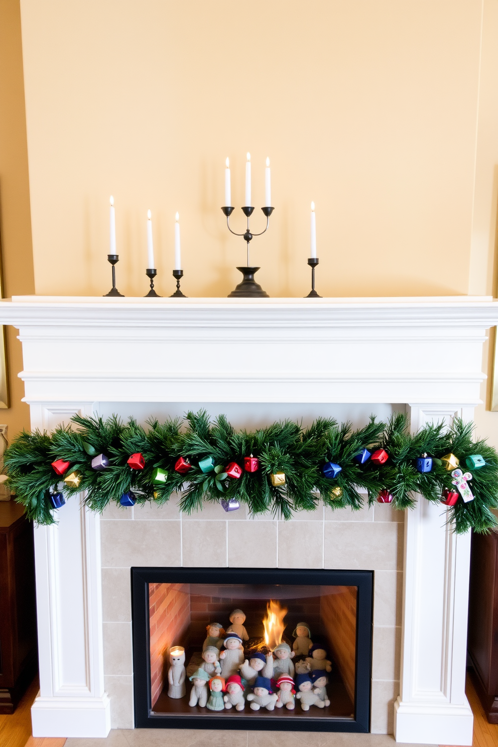 A festive garland adorned with colorful dreidels is draped elegantly across the mantelpiece. The living room is filled with warm lighting, creating a cozy atmosphere perfect for celebrating Hanukkah.