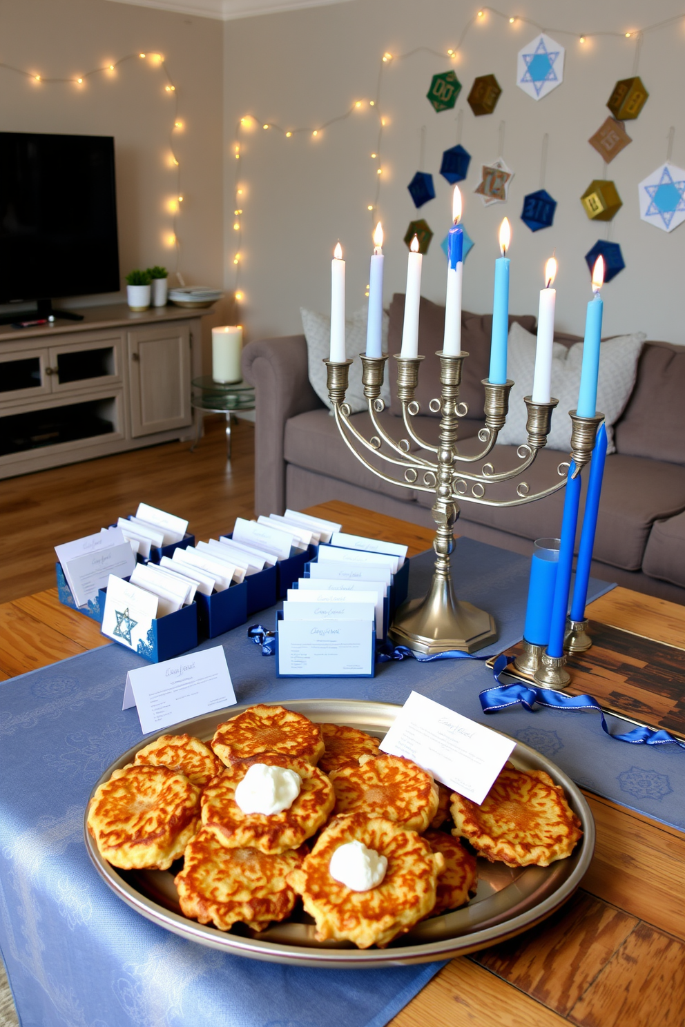 A beautifully arranged latke recipe card display table features a rustic wooden table adorned with a festive tablecloth in blue and silver hues. On the table, there are elegant recipe cards neatly placed in decorative holders alongside a platter of freshly made latkes garnished with sour cream and applesauce. The living room is transformed for Hanukkah with a stunning menorah as the centerpiece on the coffee table. Surrounding the menorah are vibrant blue and white candles, while the walls are decorated with string lights and paper dreidels to create a warm and inviting atmosphere.