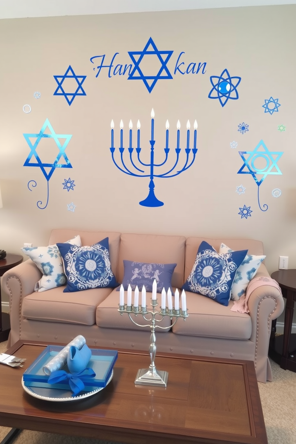 A cozy living room adorned for Hanukkah features a plush sofa layered with soft throw blankets in rich blues and whites. The space is illuminated by warm candlelight from a beautifully arranged menorah on the coffee table, surrounded by festive decorations and seasonal accents.