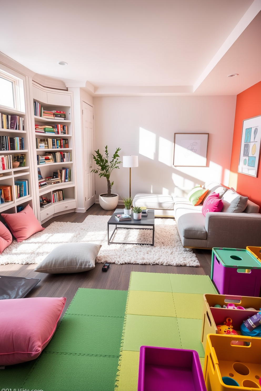 A cozy reading nook with floor cushions features a plush area rug in soft pastels. Surrounding the nook are built-in bookshelves filled with colorful books and a large window allowing natural light to fill the space. The living room design incorporates a modern sectional sofa in neutral tones paired with vibrant throw pillows. A sleek coffee table sits in the center, complemented by a stylish area rug that defines the seating area. The playroom design includes bright wall colors and playful artwork to inspire creativity. Soft foam mats cover the floor, and various toys are organized in colorful bins for easy access and a tidy appearance.