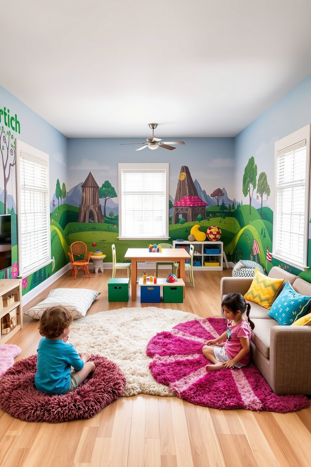 A cozy play kitchen area designed for imaginative play. It features a wooden play kitchen set with a stove, sink, and refrigerator, all painted in bright colors to inspire creativity. The walls are adorned with playful decals of fruits and vegetables, enhancing the fun atmosphere. A small table with child-sized chairs sits in the center, surrounded by various cooking utensils and pretend food items. A vibrant living room designed as a playroom that encourages creativity and relaxation. It includes a soft area rug, large floor cushions, and a low coffee table for arts and crafts activities. The walls are painted in cheerful colors, and shelves are filled with books and toys for easy access. A cozy reading nook with bean bags is tucked into one corner, inviting children to explore their imaginations.