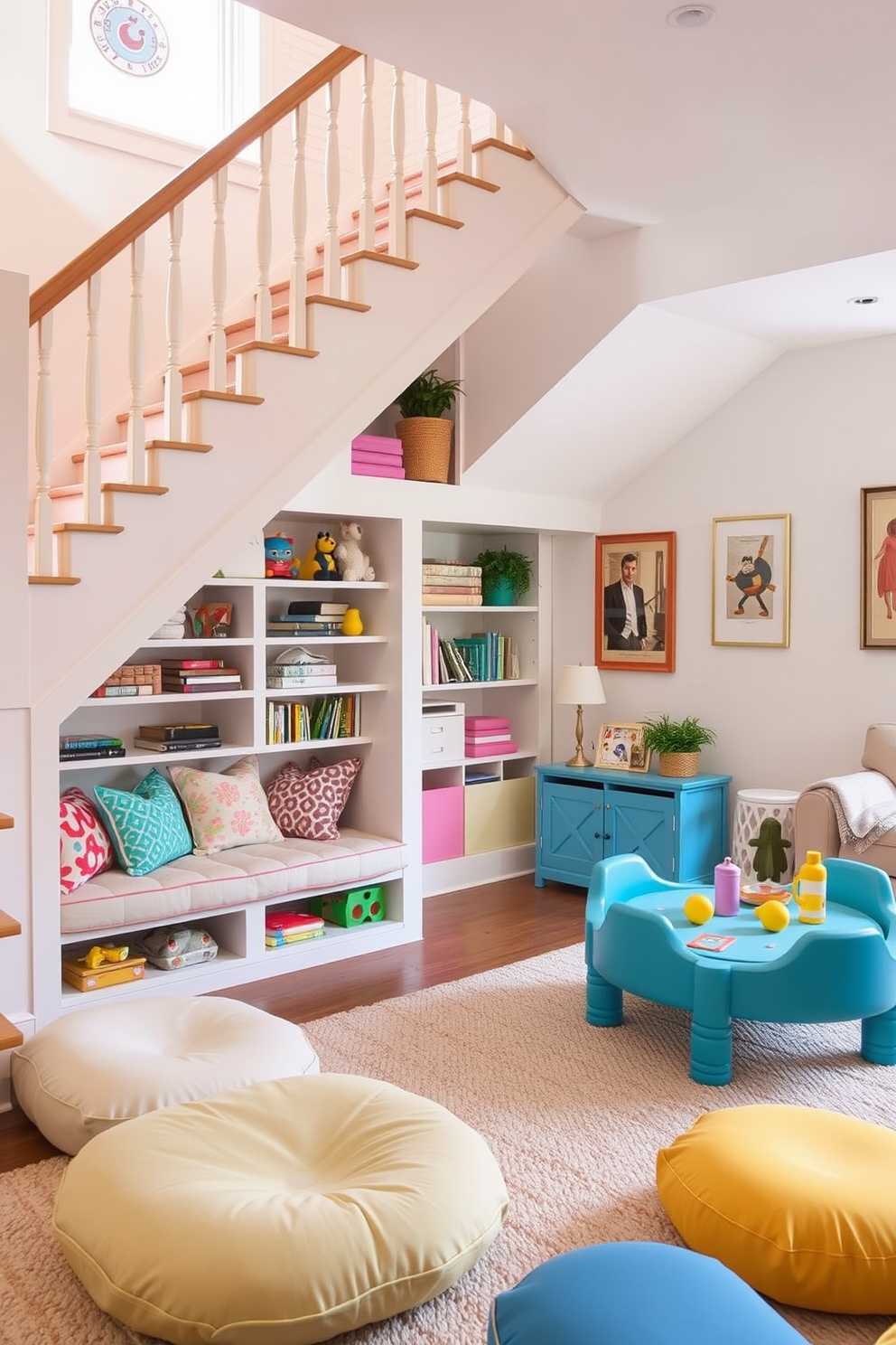 A cozy under-stair play area designed with soft pastel colors and playful decor. The space features built-in shelving filled with toys and books, along with a cushioned reading nook underneath the stairs. The living room playroom combines functionality and fun with a vibrant color scheme and interactive elements. Large floor cushions and a small play table create an inviting atmosphere for children to explore and play.