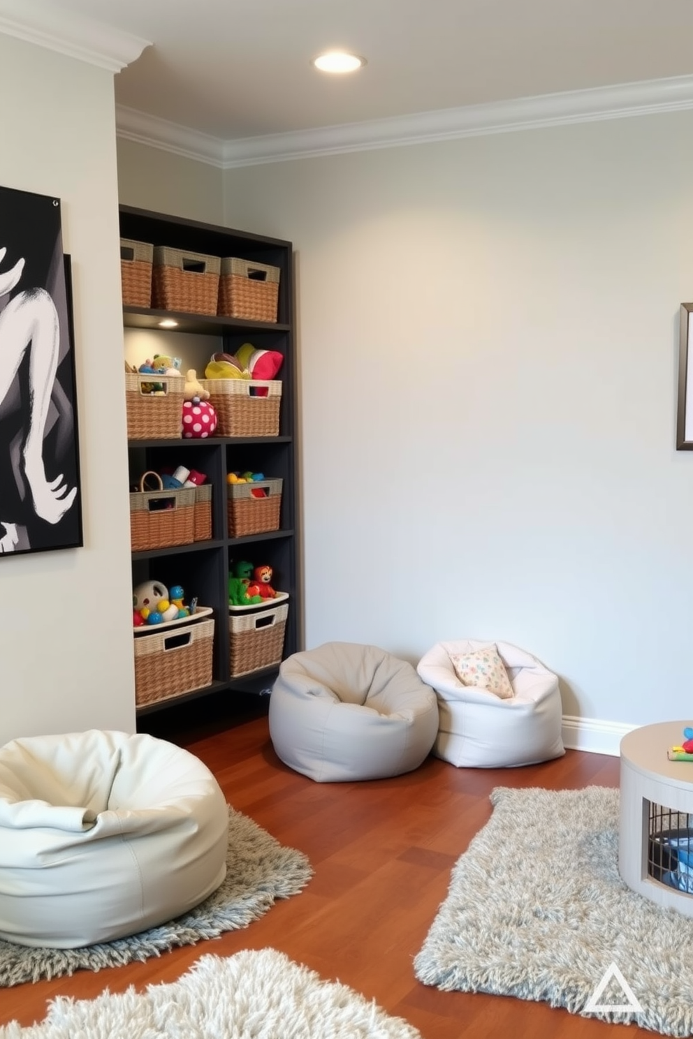 A cozy playroom with decorative baskets for organized toy storage. The walls are painted in a soft pastel color, and plush rugs cover the hardwood floor, creating a warm and inviting atmosphere. In one corner, a stylish shelving unit displays the baskets, each labeled and filled with colorful toys. A comfortable seating area with bean bags and a small table invites children to play and explore their creativity.