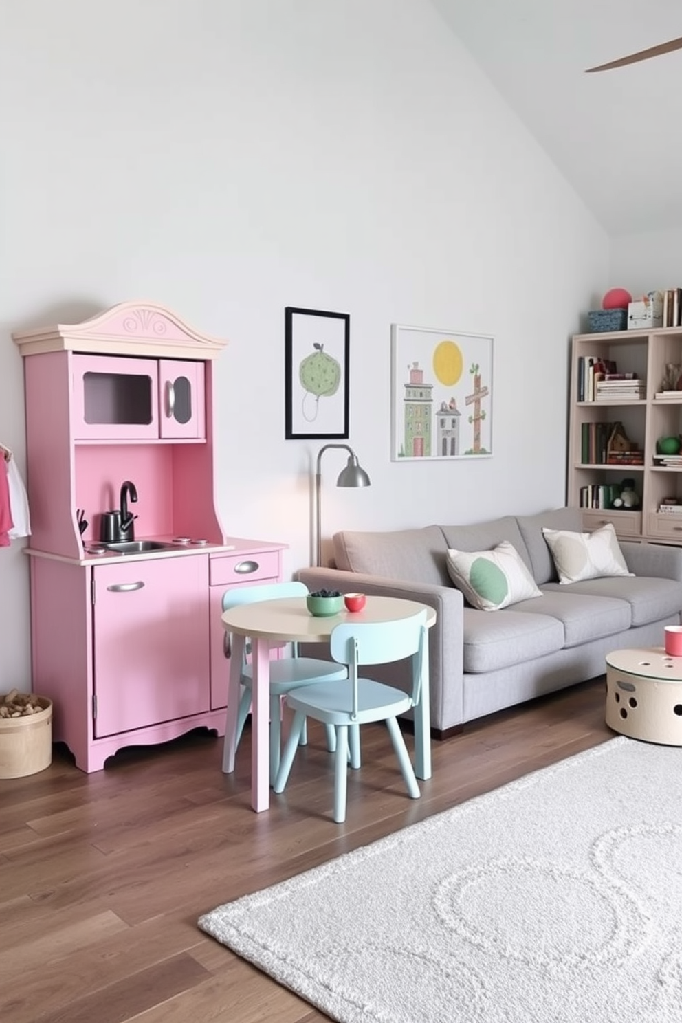 A charming play kitchen in a corner setup features a wooden play kitchen unit with a stove, sink, and refrigerator, all painted in soft pastel colors. Adjacent to the kitchen, a small table with child-sized chairs invites imaginative dining experiences, while colorful wall art adds a playful touch. The living room playroom design combines comfort and creativity, with a cozy sectional sofa upholstered in durable fabric for easy maintenance. A large area rug defines the space, providing a soft play surface, while shelves filled with toys and books encourage exploration and learning.