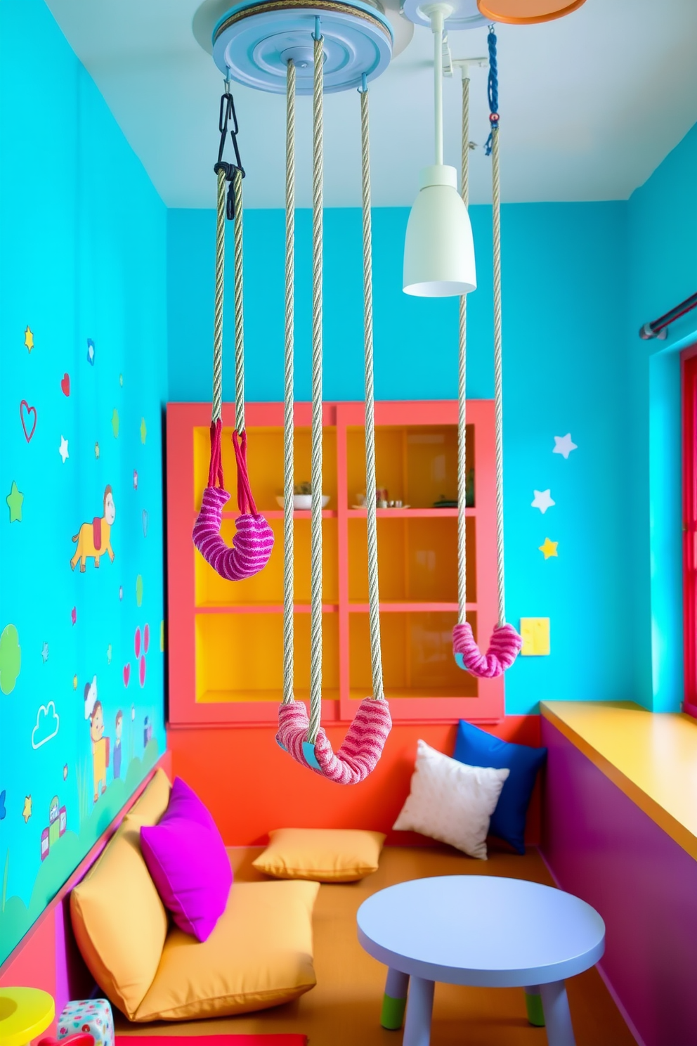 A vibrant playroom filled with joy and creativity. There are hanging swings suspended from the ceiling, providing a playful element to the space. The walls are painted in bright, cheerful colors with playful wall decals. A cozy seating area with soft cushions and a small table is arranged nearby for activities and games.