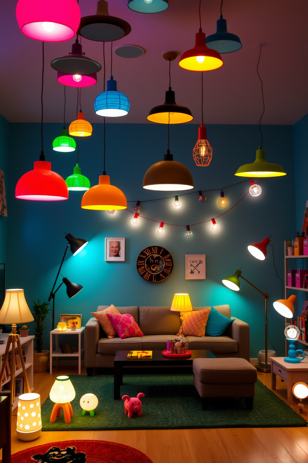 A vibrant living room filled with fun lighting fixtures that create a playful atmosphere. The space features colorful pendant lights hanging from the ceiling and floor lamps with quirky designs scattered around. A whimsical playroom designed for creativity and imagination. The room includes a variety of playful lighting options such as string lights and themed lamps that enhance the joyful environment.