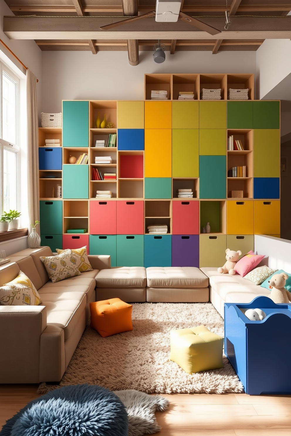 Modular furniture designed for an adaptable layout in a living room. The space features a combination of sectional sofas and movable chairs, allowing for various seating arrangements. A vibrant playroom filled with colorful modular storage units. The design includes a soft play area with plush rugs and cushions, encouraging creativity and playfulness.