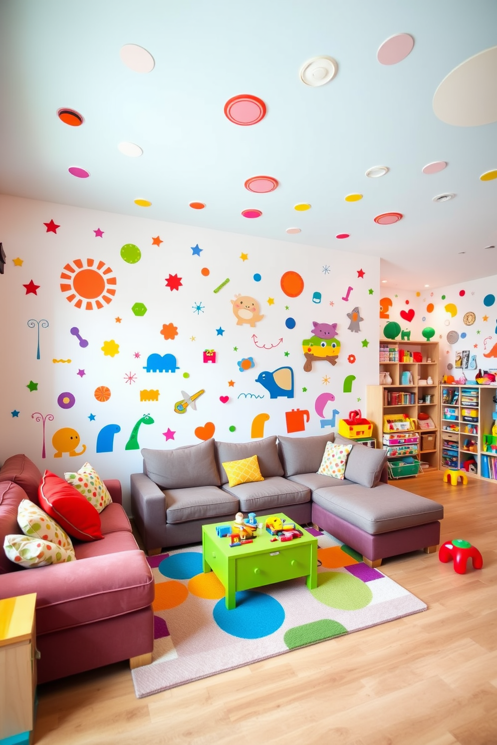 A vibrant living room filled with playful wall decals that feature whimsical shapes and colors. The furniture is comfortable and inviting, with a large sectional sofa and a colorful area rug that ties the room together. In the playroom, the walls are adorned with fun and imaginative decals that inspire creativity. A variety of toys and games are neatly organized, creating an engaging and interactive space for children to enjoy.