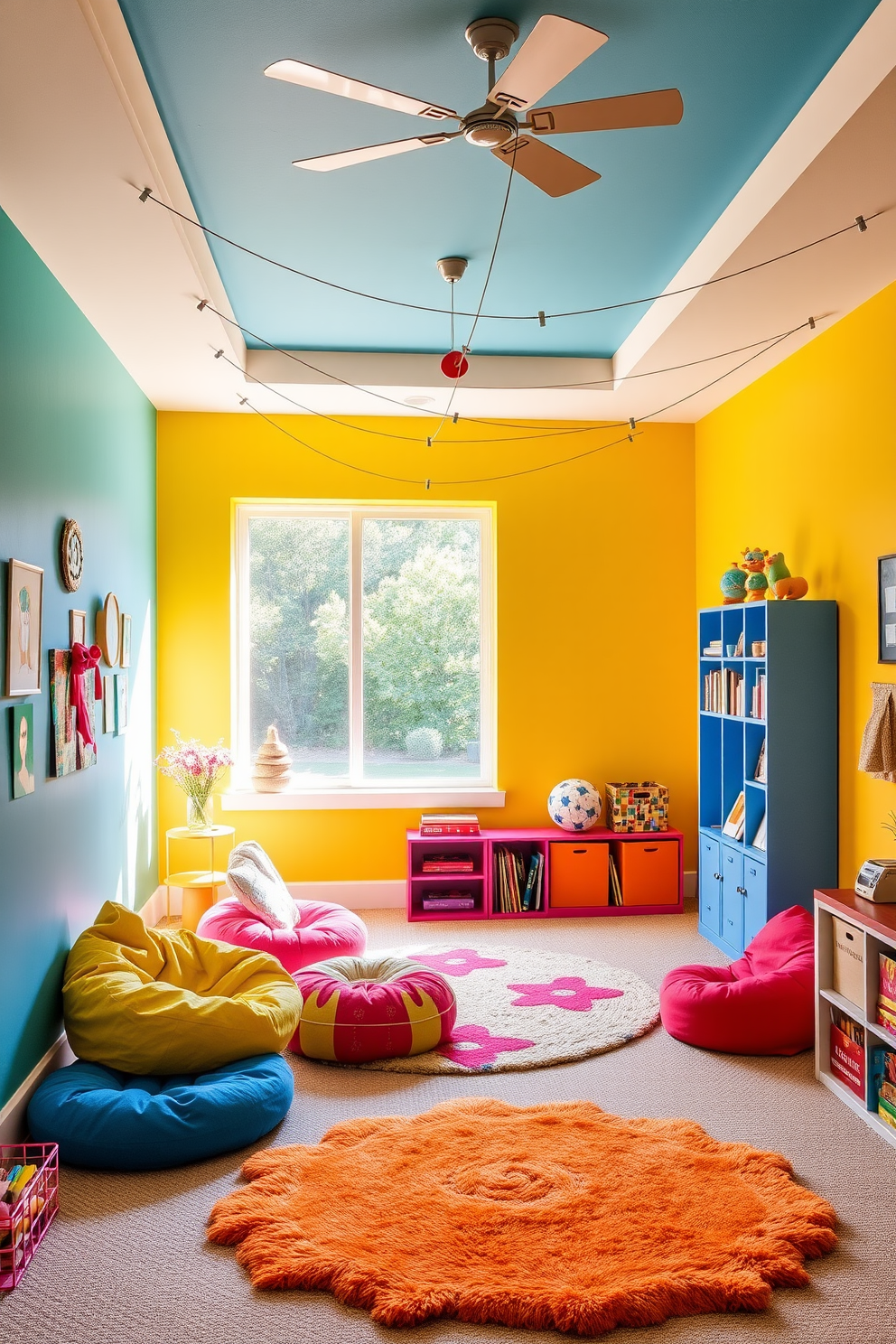 A vibrant playroom designed for creativity and fun. The walls are painted in bright primary colors, and art display wires are strung across the room to showcase kids' creations. Comfortable seating is arranged in a cozy nook, featuring colorful bean bags and plush rugs. A large window allows natural light to flood the space, illuminating the playful decor and inspiring imagination.