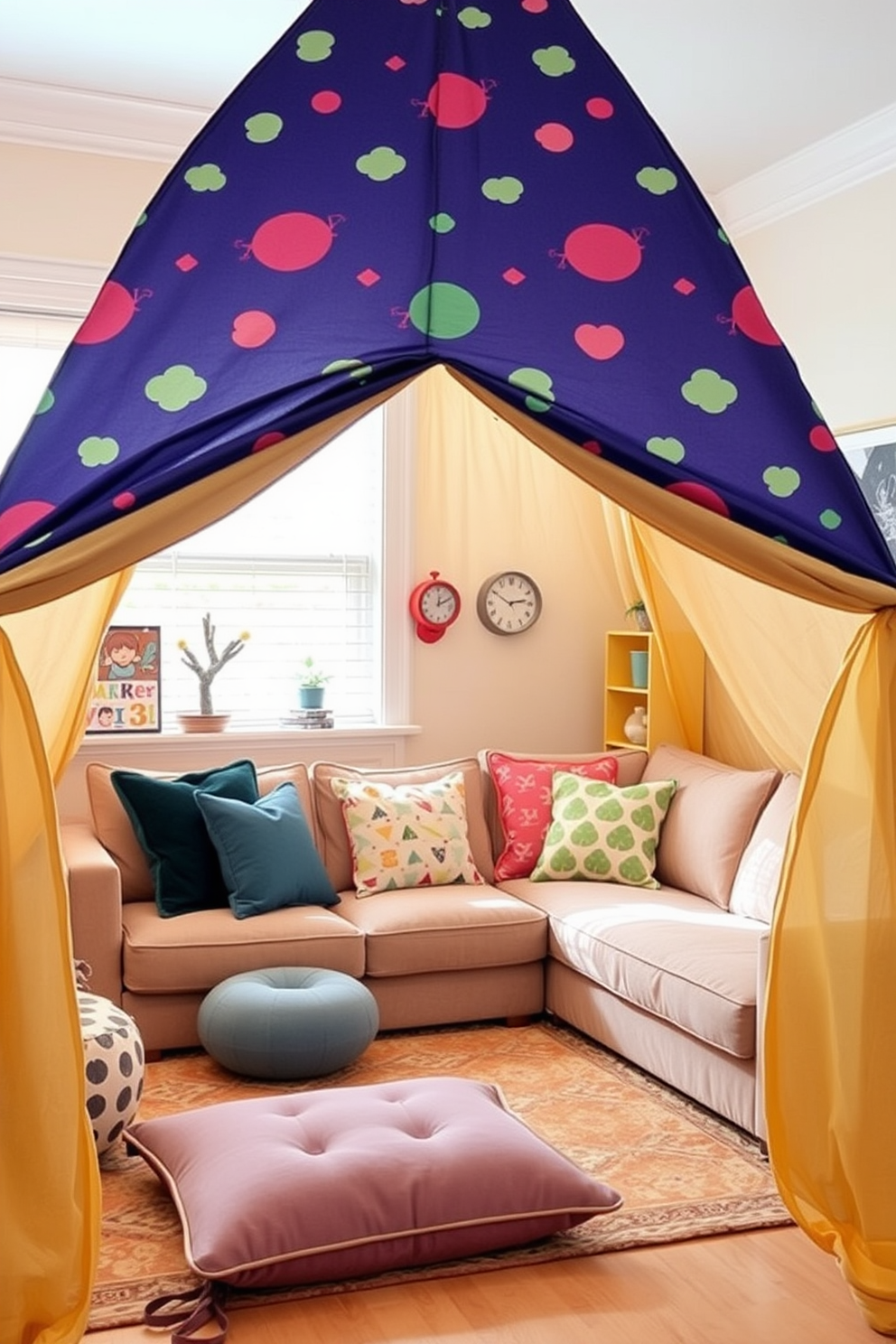 A vibrant living room playroom design filled with energetic colors. The walls are painted in a bright turquoise, complemented by a bold yellow sectional sofa adorned with colorful throw pillows. A playful area rug with geometric patterns covers the floor, creating a fun space for kids. Shelves filled with books and toys are neatly arranged, while a large window allows natural light to flood the room, enhancing the lively atmosphere.