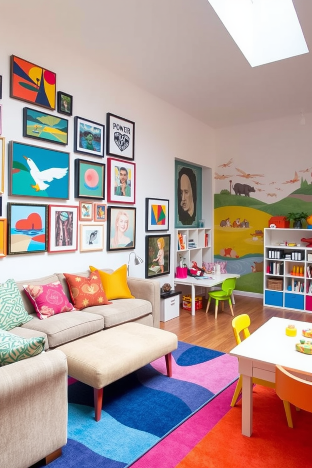 A vibrant living room featuring a colorful art wall that showcases an eclectic mix of framed paintings and abstract prints. The wall is painted in a soft white to allow the artwork to stand out, while a cozy area rug in bold colors anchors the seating area. A playful playroom designed for creativity and fun, with bright, cheerful colors on the walls and playful murals depicting whimsical scenes. The space includes various activity zones with soft seating, a craft table, and shelves filled with toys and art supplies.