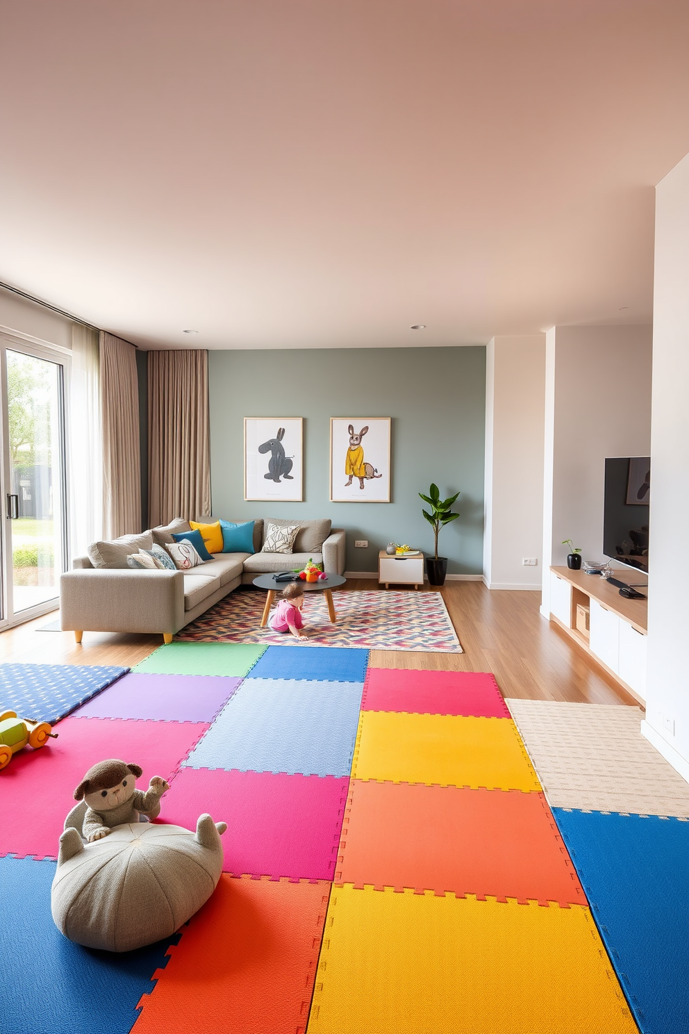 A vibrant living room playroom that incorporates a mini stage for performances. The space features colorful bean bag chairs and a plush area rug, creating a cozy atmosphere for children to play and perform. The mini stage is adorned with fairy lights and a small curtain, inviting creativity and imagination. Walls are painted in bright hues, and playful artwork enhances the lively environment, making it perfect for both relaxation and entertainment.