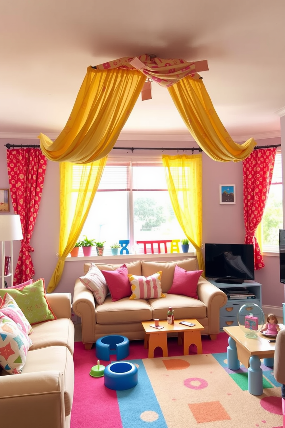 Colorful curtains drape elegantly from the ceiling, adding cheerful accents to the living room space. The fabric features vibrant patterns that complement the playful decor, creating a warm and inviting atmosphere. In the playroom, bright and whimsical curtains frame the windows, enhancing the fun and imaginative environment. The playful colors and designs inspire creativity and joy, making it a perfect space for children to explore and play.